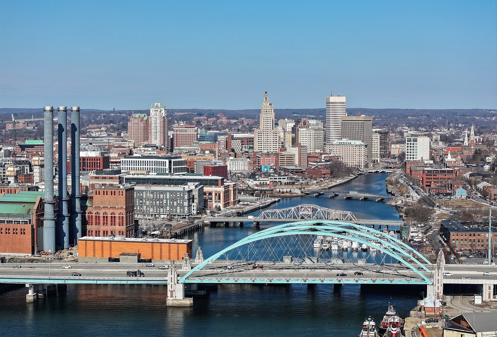 Aerial view of downtown Providence, the Providence River and the Fox Point waterfront